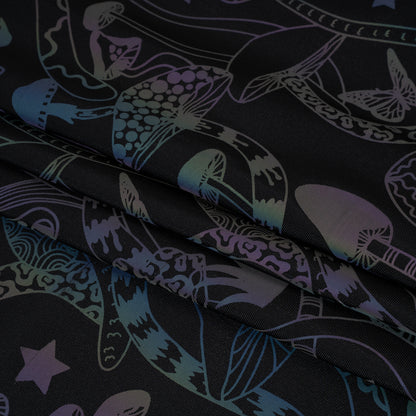 Reflective Print Spandex Knit with 4-Way Stretch - Rainbow and Black Mushrooms Folded