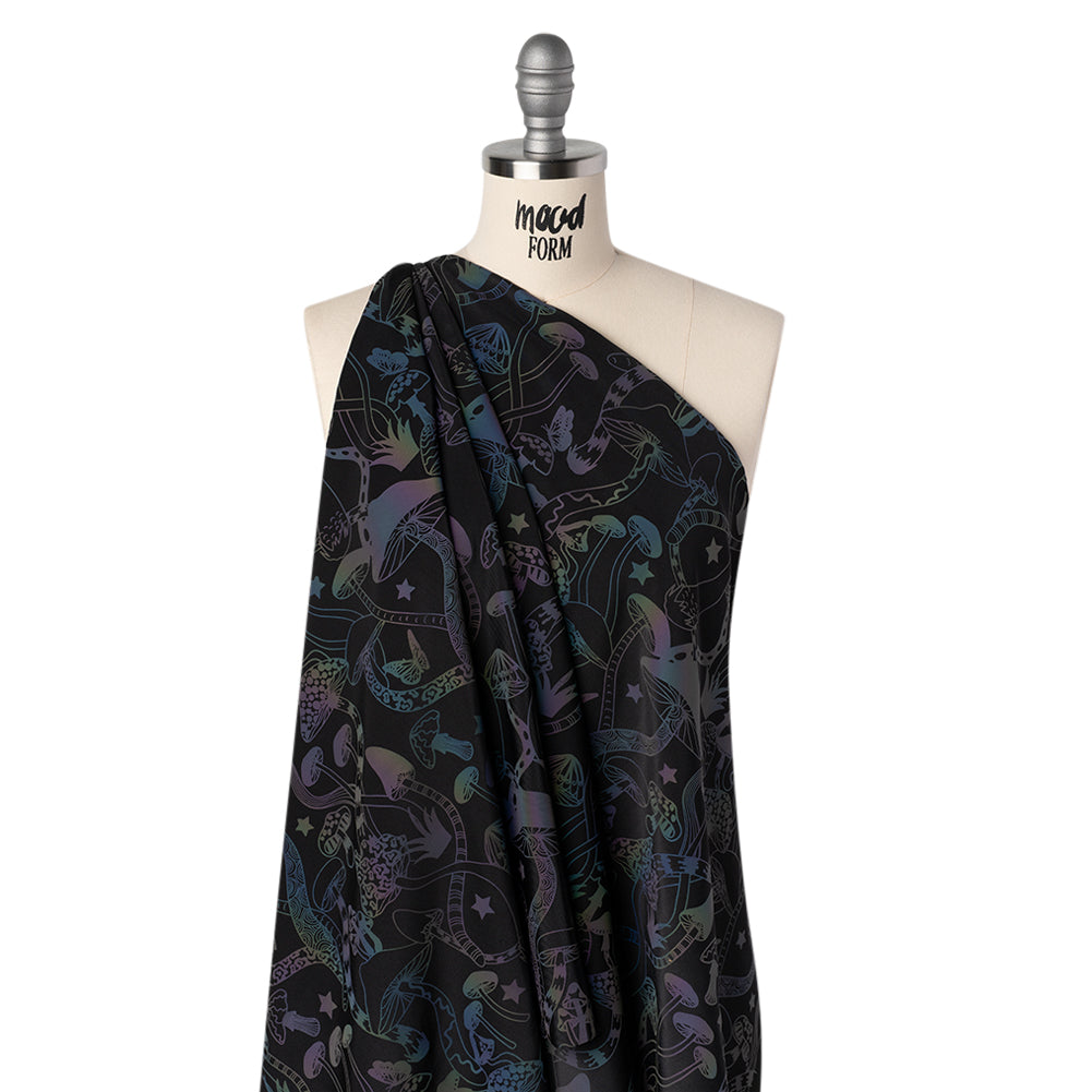 Reflective Print Spandex Knit with 4-Way Stretch - Rainbow and Black Mushrooms Drape