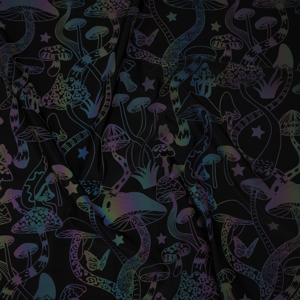 Reflective Print Spandex Knit with 4-Way Stretch - Rainbow and Black Mushrooms