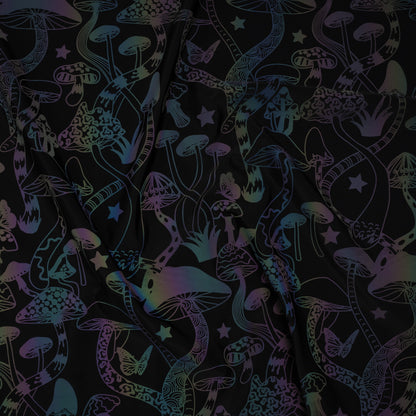 Reflective Print Spandex Knit with 4-Way Stretch - Rainbow and Black Mushrooms
