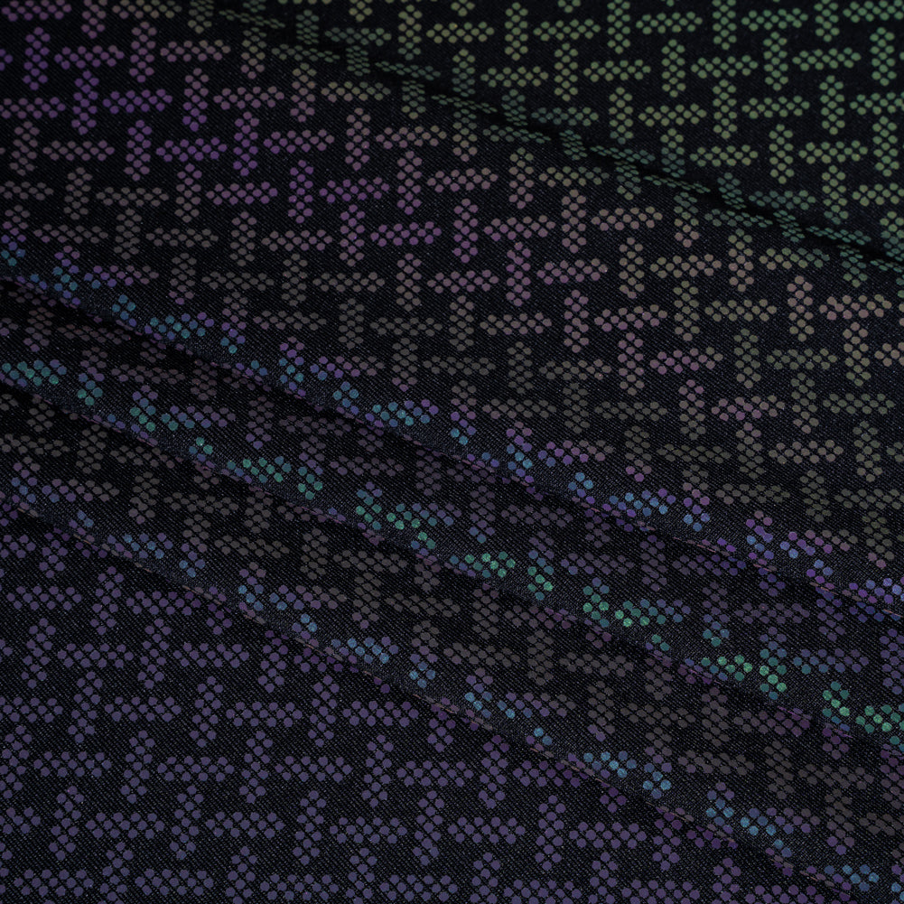 Reflective Print Spandex Knit with 4-Way Stretch - Rainbow and Black Geometric Basketweave - Folded