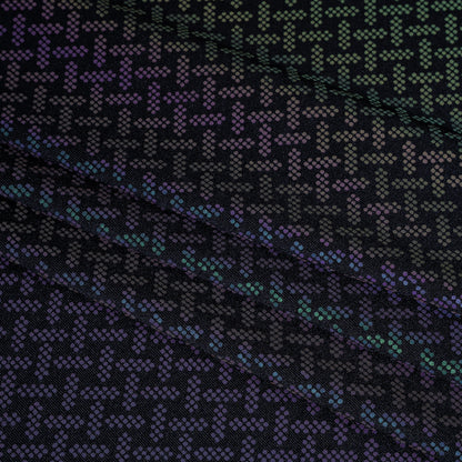 Reflective Print Spandex Knit with 4-Way Stretch - Rainbow and Black Geometric Basketweave