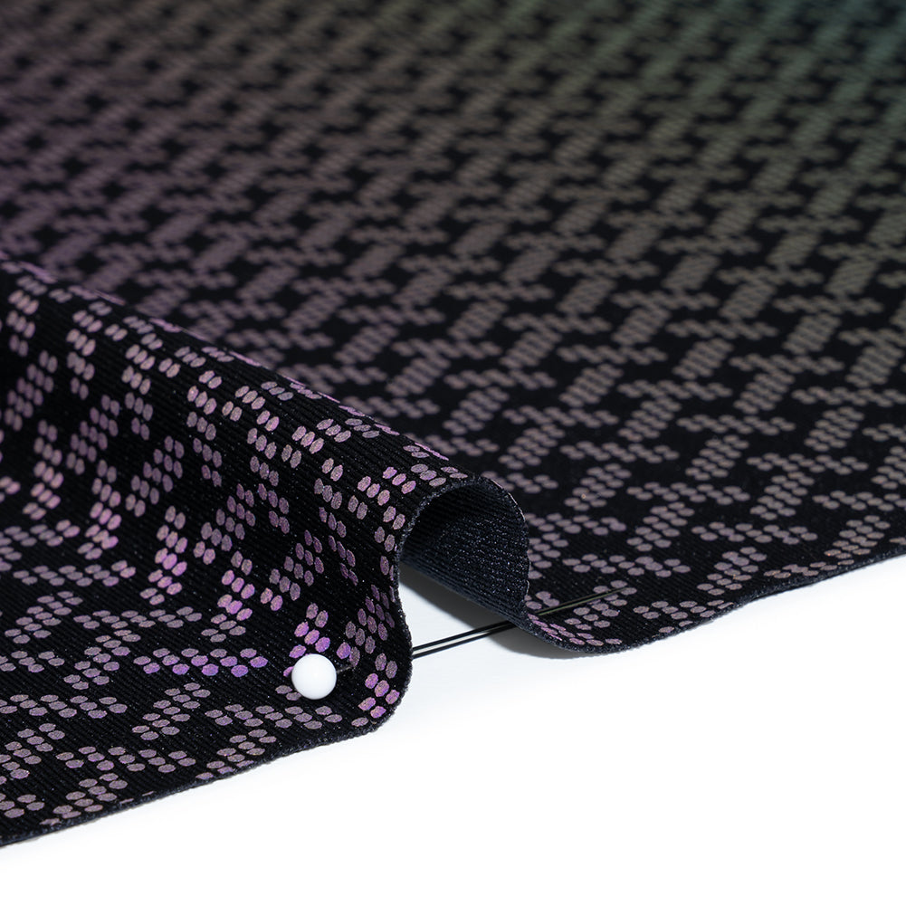 Reflective Print Spandex Knit with 4-Way Stretch - Rainbow and Black Geometric Basketweave - Detail