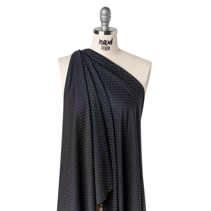 Reflective Print Spandex Knit with 4-Way Stretch - Rainbow and Black Geometric Basketweave