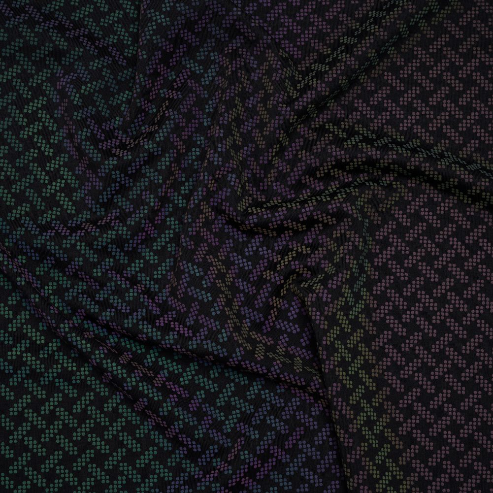 Reflective Print Spandex Knit with 4-Way Stretch - Rainbow and Black Geometric Basketweave