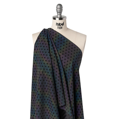 Reflective Print Spandex Knit with 4-Way Stretch - Rainbow and Black Diamond Geometric