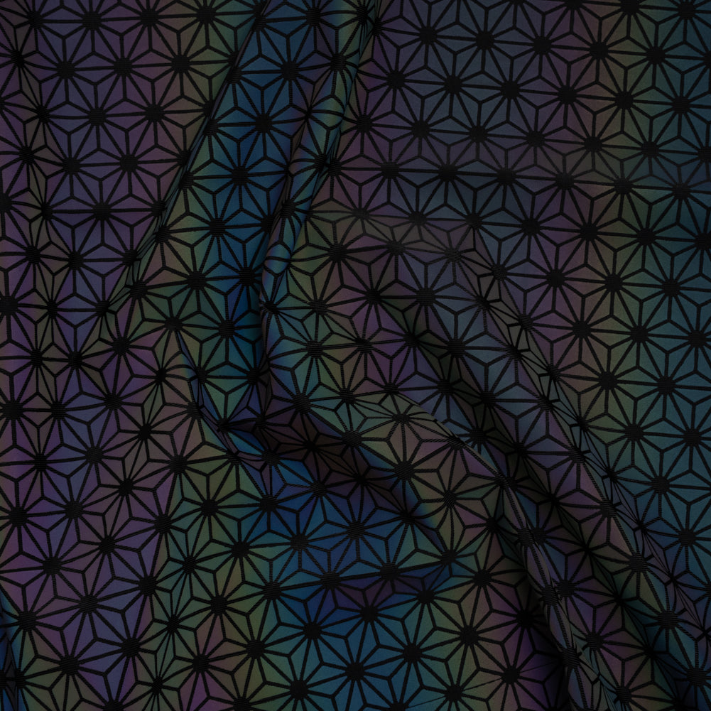Reflective Print Spandex Knit with 4-Way Stretch - Rainbow and Black Diamond Geometric