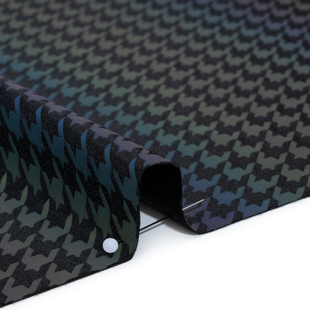 Reflective Print Spandex Knit with 4-Way Stretch - Rainbow and Black Houndstooth