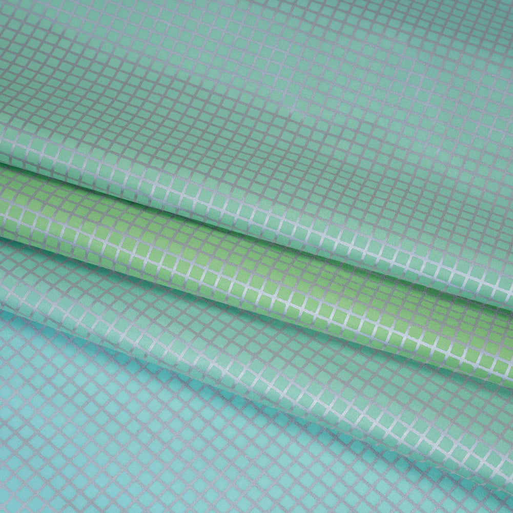 Reflective Print Fabric - Sky Blue and Lime Green Ombre with Silver Gray Grid - Folded