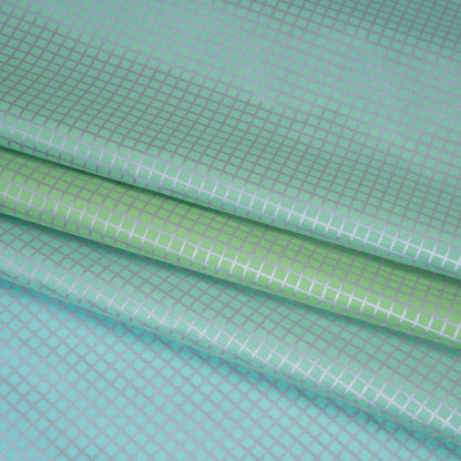 Reflective Print Fabric - Sky Blue and Lime Green Ombre with Silver Gray Grid