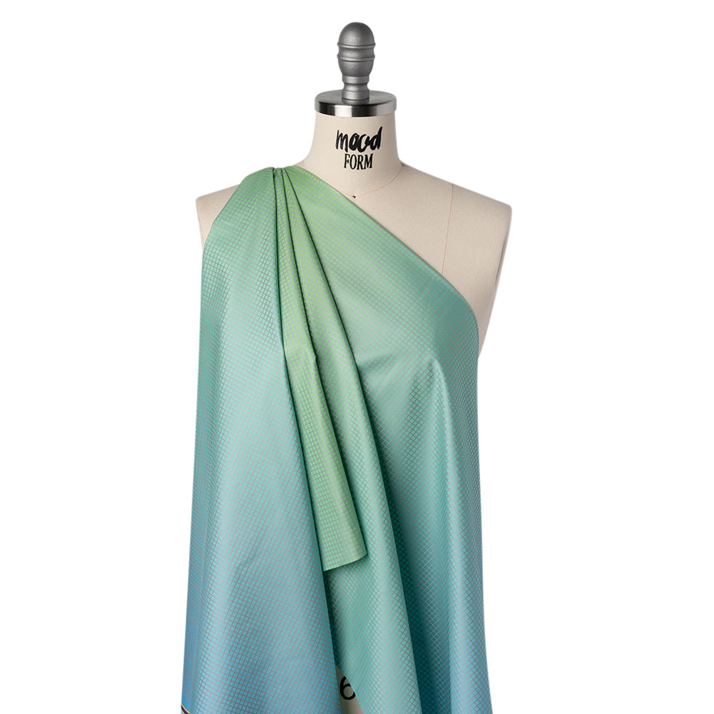 Reflective Print Fabric - Sky Blue and Lime Green Ombre with Silver Gray Grid - Drape