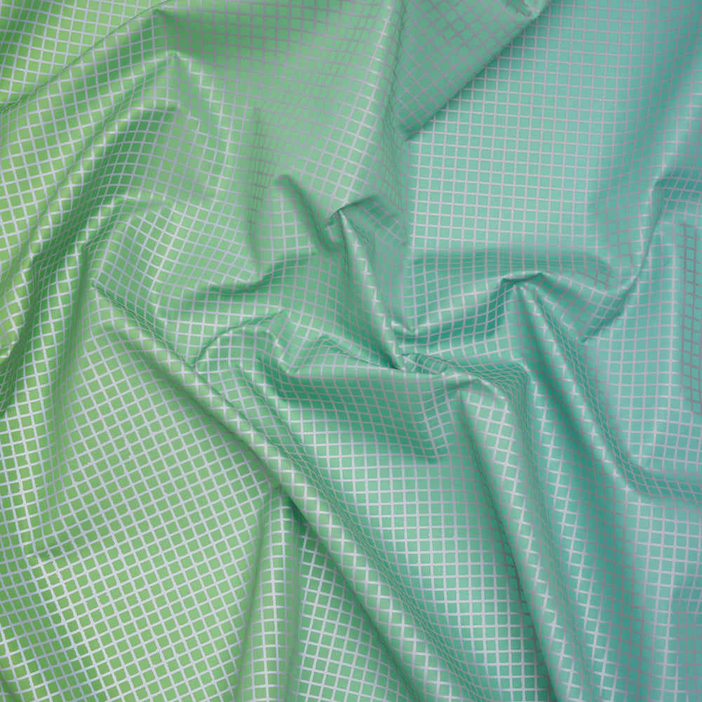 Reflective Print Fabric - Sky Blue and Lime Green Ombre with Silver Gray Grid