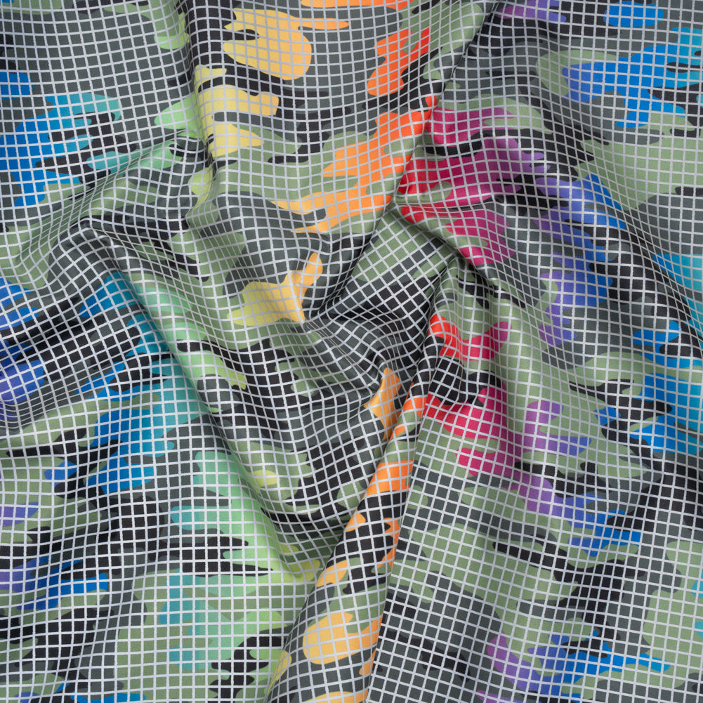 Reflective Print Fabric - Olive Green and Rainbow Camouflage with Silver Gray Grid