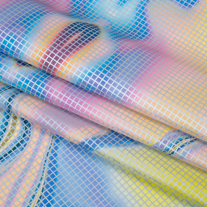 Reflective Print Fabric - Blue, Pink and Yellow Oily Abstract with Silver Gray Grid