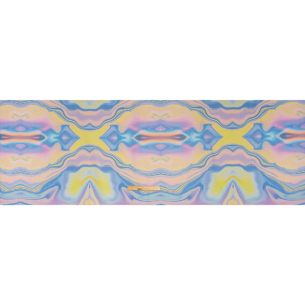 Reflective Print Fabric - Blue, Pink and Yellow Oily Abstract with Silver Gray Grid