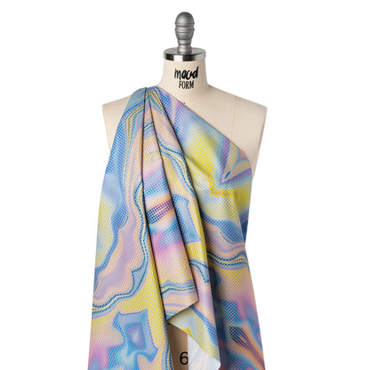 Reflective Print Fabric - Blue, Pink and Yellow Oily Abstract with Silver Gray Grid