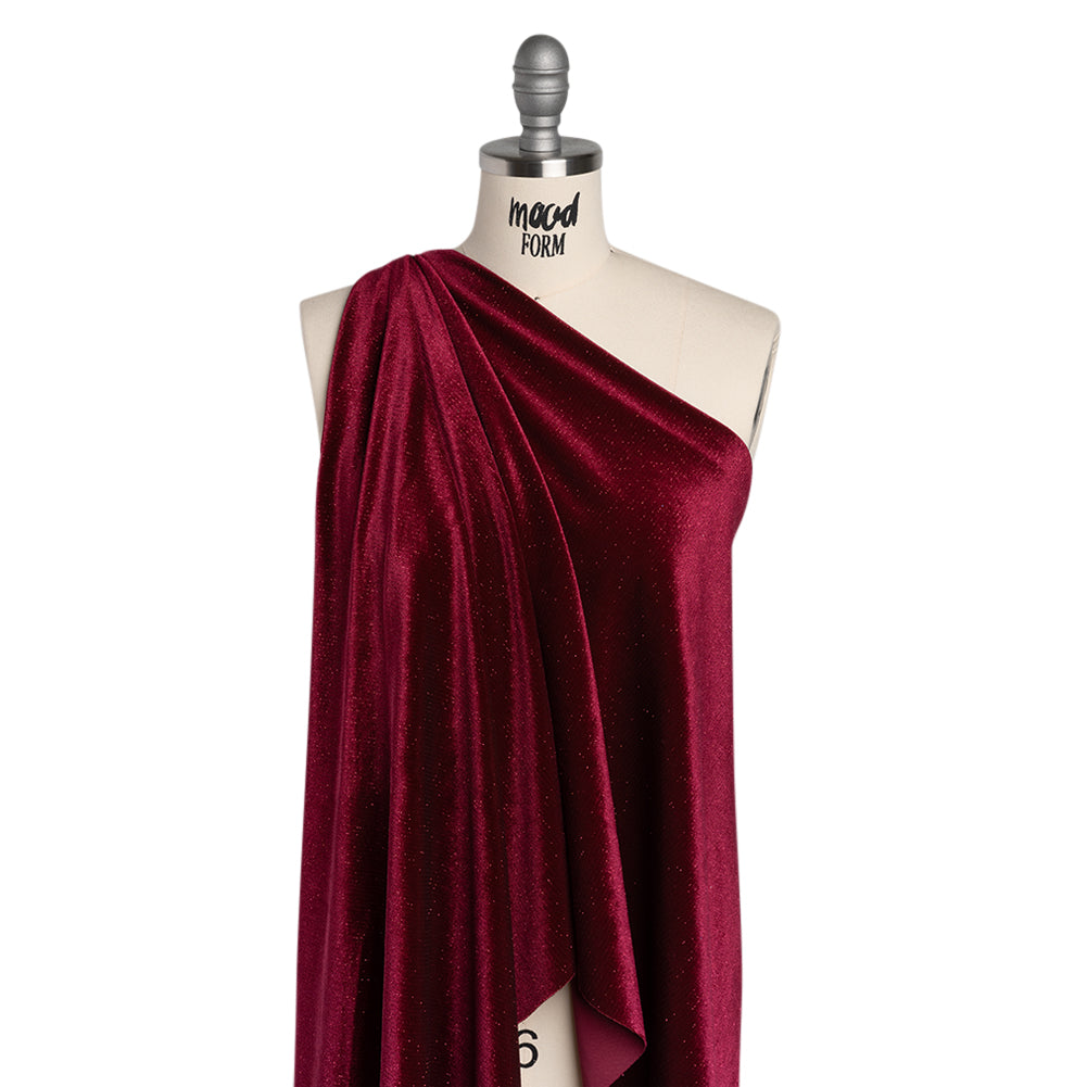 Glitter Stretch Polyester Velour - Burgundy - Designer Deadstock - Drape