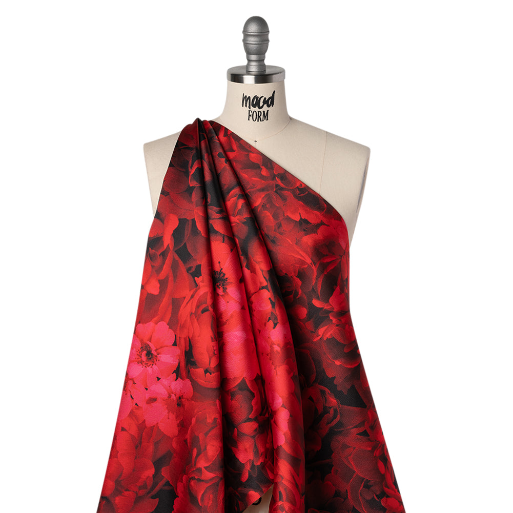 Polyester Mikado Print - Red and Black Roses - Designer Deadstock Drape