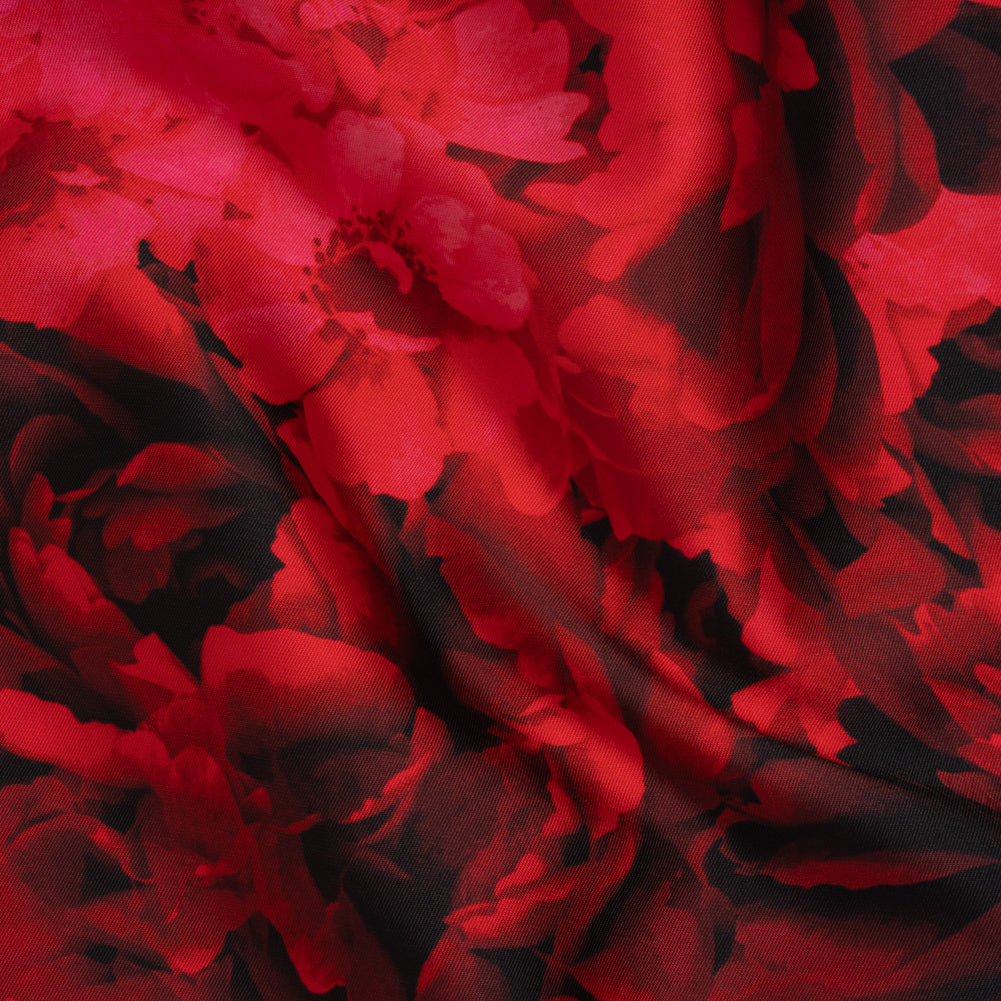 Polyester Mikado Print - Red and Black Roses - Designer Deadstock