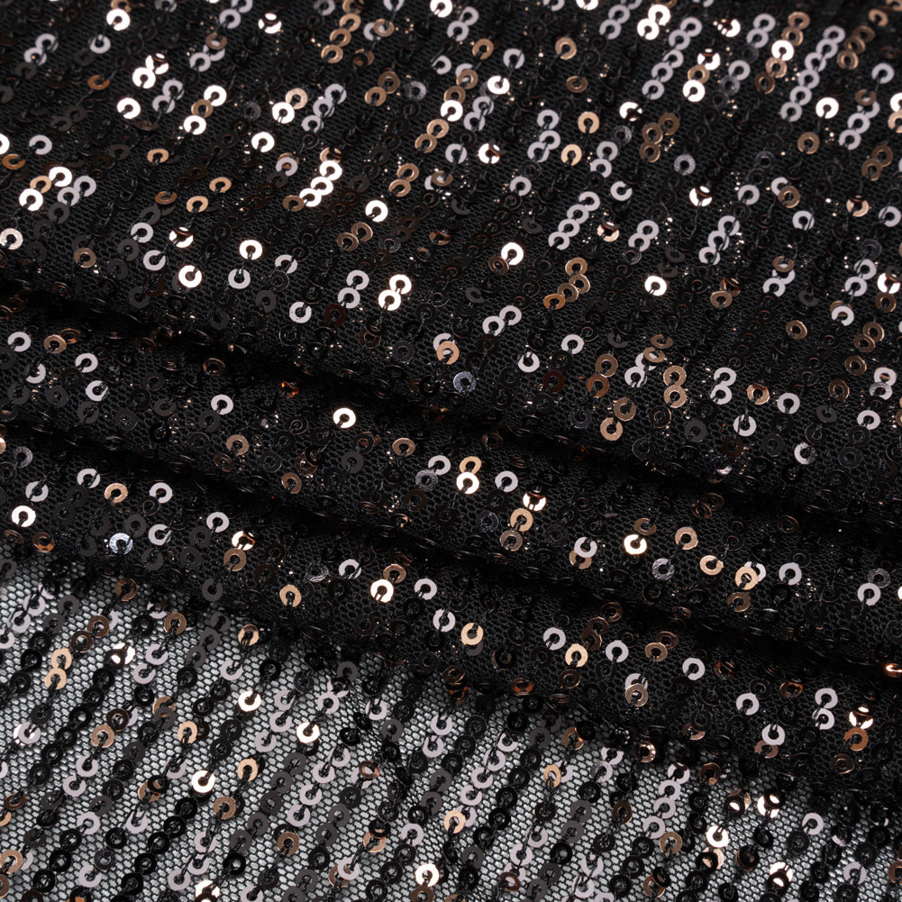 Stretch Polyester Mesh with Baby Sequins - Black and Gold Stripes - Designer Deadstock - Folded