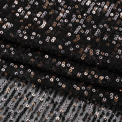 Stretch Polyester Mesh with Baby Sequins - Black and Gold Stripes - Designer Deadstock
