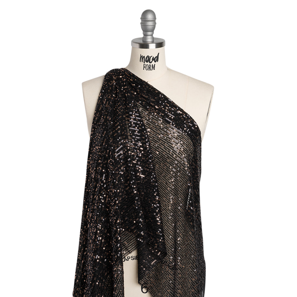 Stretch Polyester Mesh with Baby Sequins - Black and Gold Stripes - Designer Deadstock - Drape