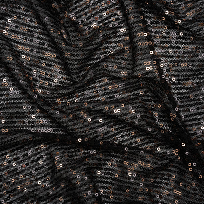 Stretch Polyester Mesh with Baby Sequins - Black and Gold Stripes - Designer Deadstock