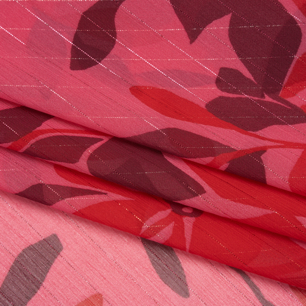 Polyester Chiffon with Metallic Pinstripes - Dark Pink, Red and Burgundy Floral - Designer Deadstock