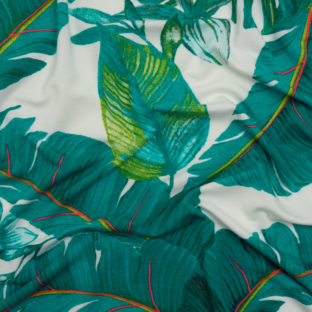 Stretch Rayon Jersey Print - Ocean Green, Lime and Pink Lush Tropical Leaves - Designer Deadstock