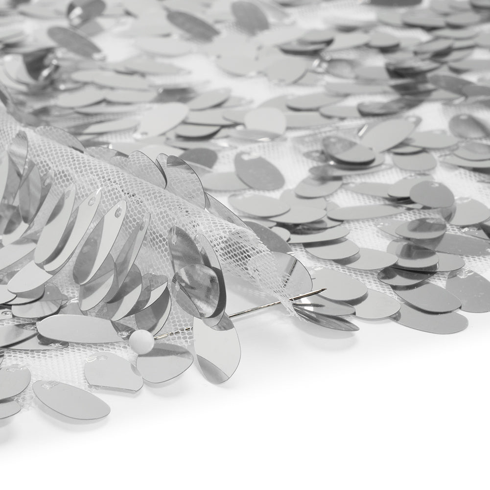 Polyester Tulle with Teardrop Sequin Fringe - White and Silver - Designer Deadstock - Detail