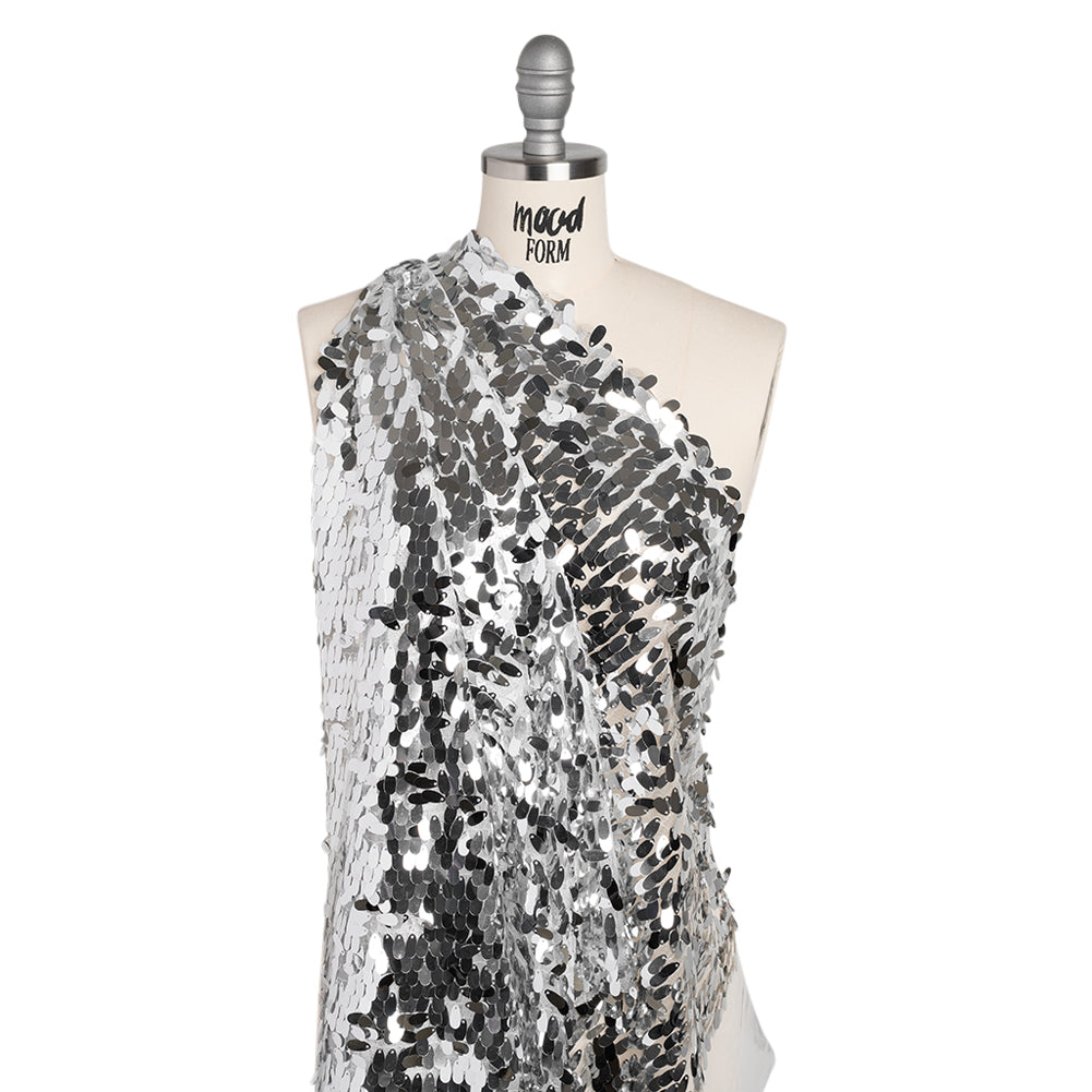 Polyester Tulle with Teardrop Sequin Fringe - White and Silver - Designer Deadstock - Drape