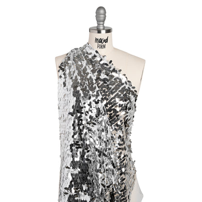 Polyester Tulle with Teardrop Sequin Fringe - White and Silver - Designer Deadstock