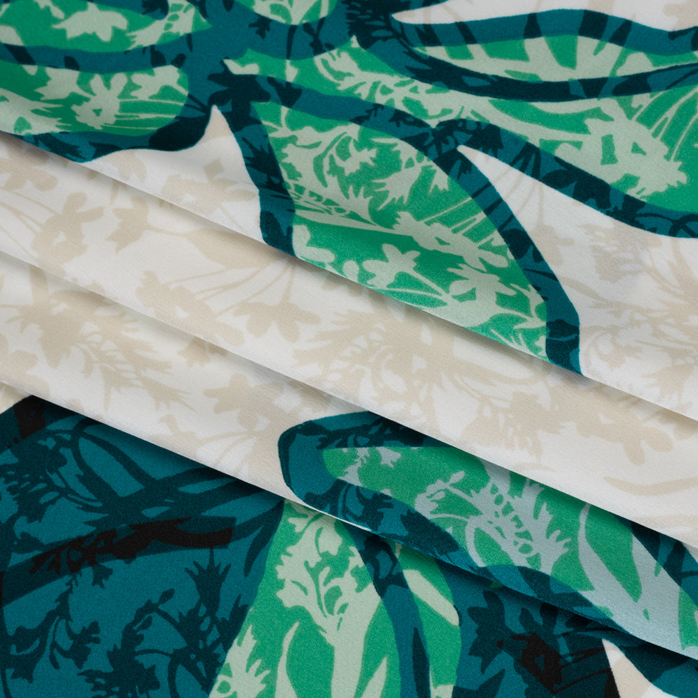 Mechanical Stretch Polyester Charmeuse Print - Beige, Teal and Green Tropical Floral Borders - Designer Deadstock Folded