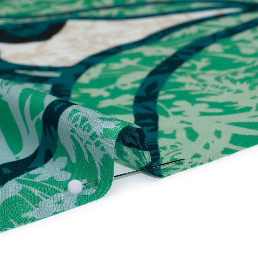 Mechanical Stretch Polyester Charmeuse Print - Beige, Teal and Green Tropical Floral Borders - Designer Deadstock Detail