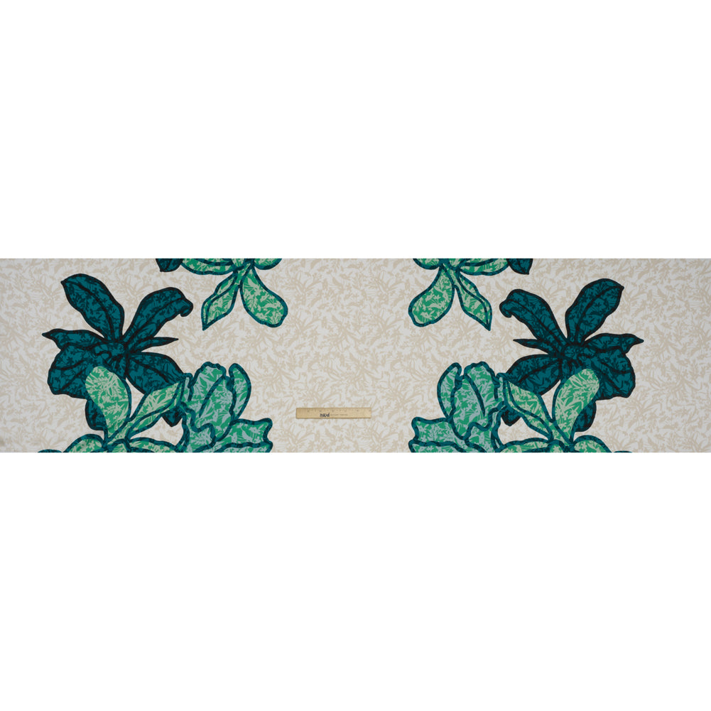 Mechanical Stretch Polyester Charmeuse Print - Beige, Teal and Green Tropical Floral Borders - Designer Deadstock Full