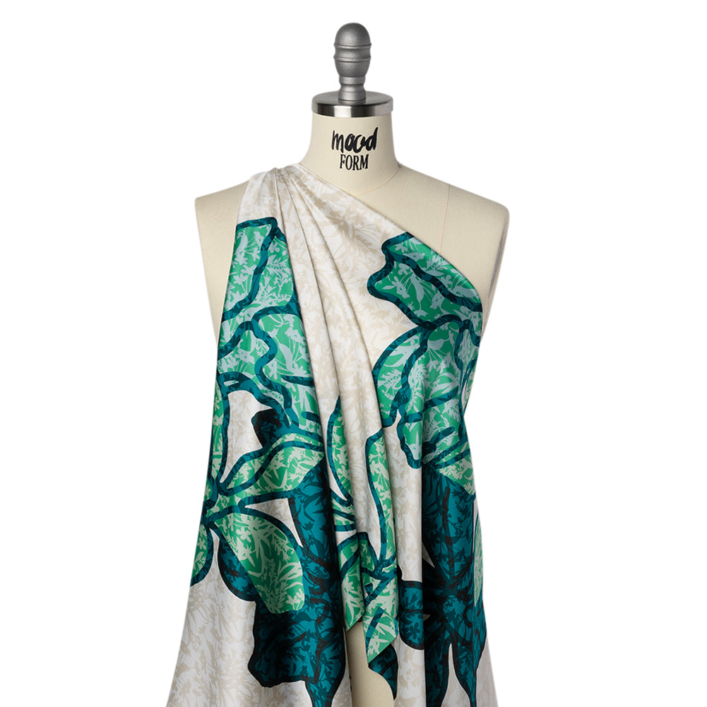 Mechanical Stretch Polyester Charmeuse Print - Beige, Teal and Green Tropical Floral Borders - Designer Deadstock Drape
