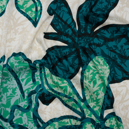 Mechanical Stretch Polyester Charmeuse Print - Beige, Teal and Green Tropical Floral Borders - Designer Deadstock