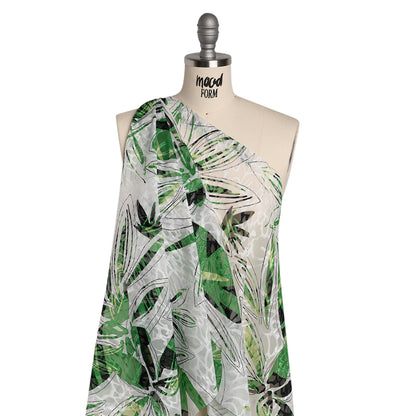 Polyester Burnout Brocade Print - White, Green and Black Floral - Designer Deadstock