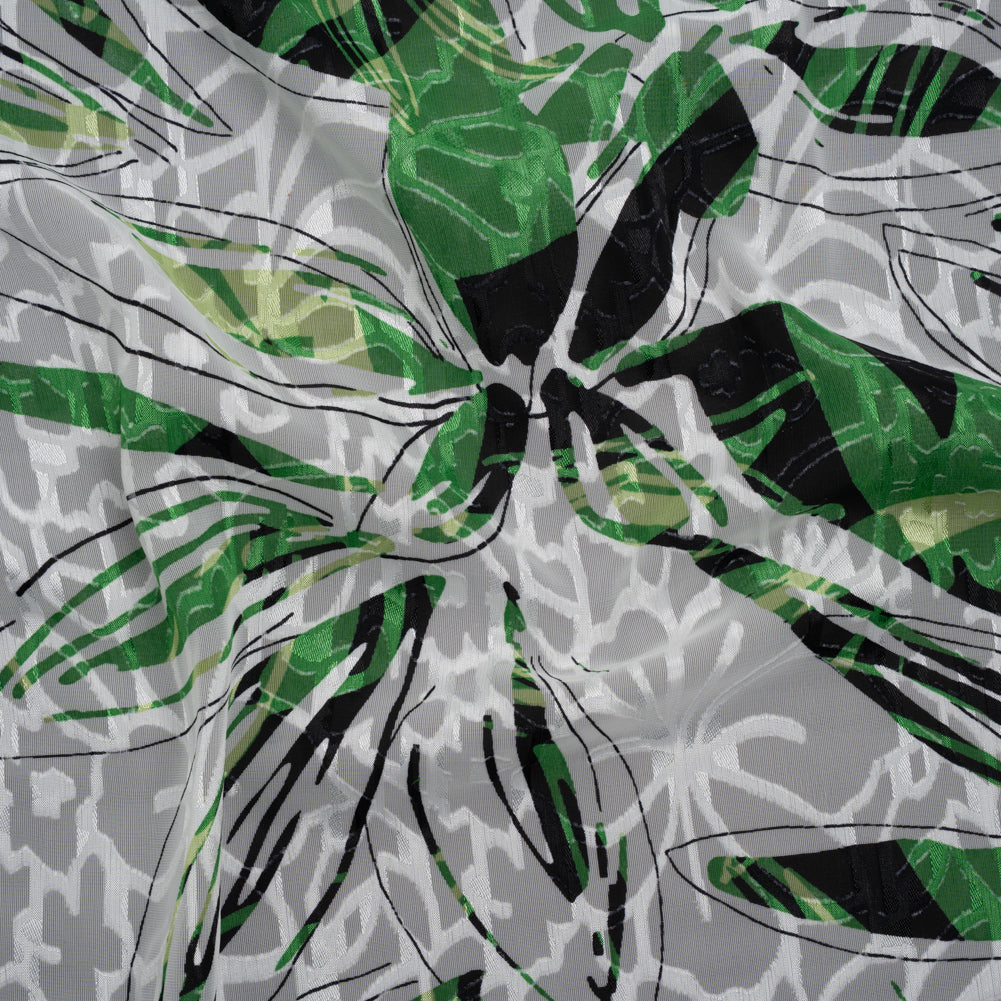 Polyester Burnout Brocade Print - White, Green and Black Floral - Designer Deadstock - Drape