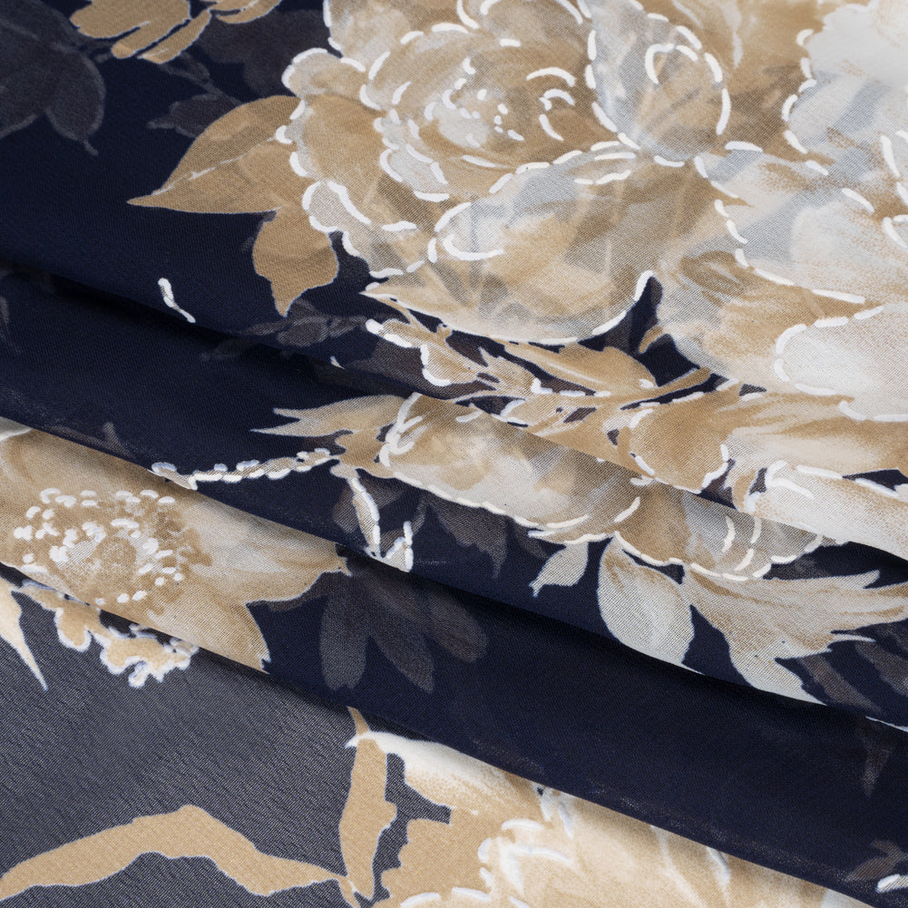 Polyester Chiffon with Puffy Print - Navy, Ivory and Tan Floral - Designer Deadstock