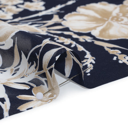 Polyester Chiffon with Puffy Print - Navy, Ivory and Tan Floral - Designer Deadstock