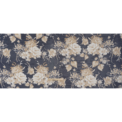 Polyester Chiffon with Puffy Print - Navy, Ivory and Tan Floral - Designer Deadstock