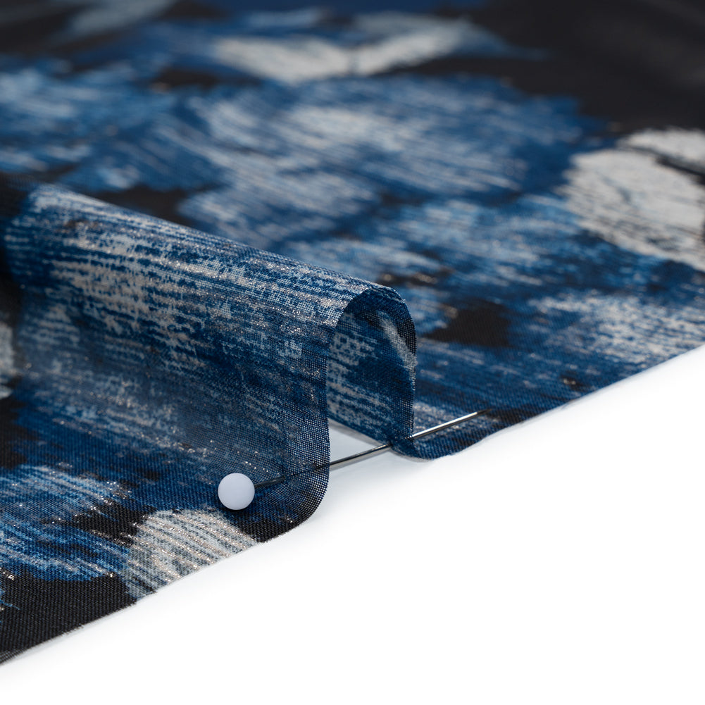 Foiled Polyester Chiffon Print - Black, Blue and Silver Ikat Roses - Designer Deadstock - Detail