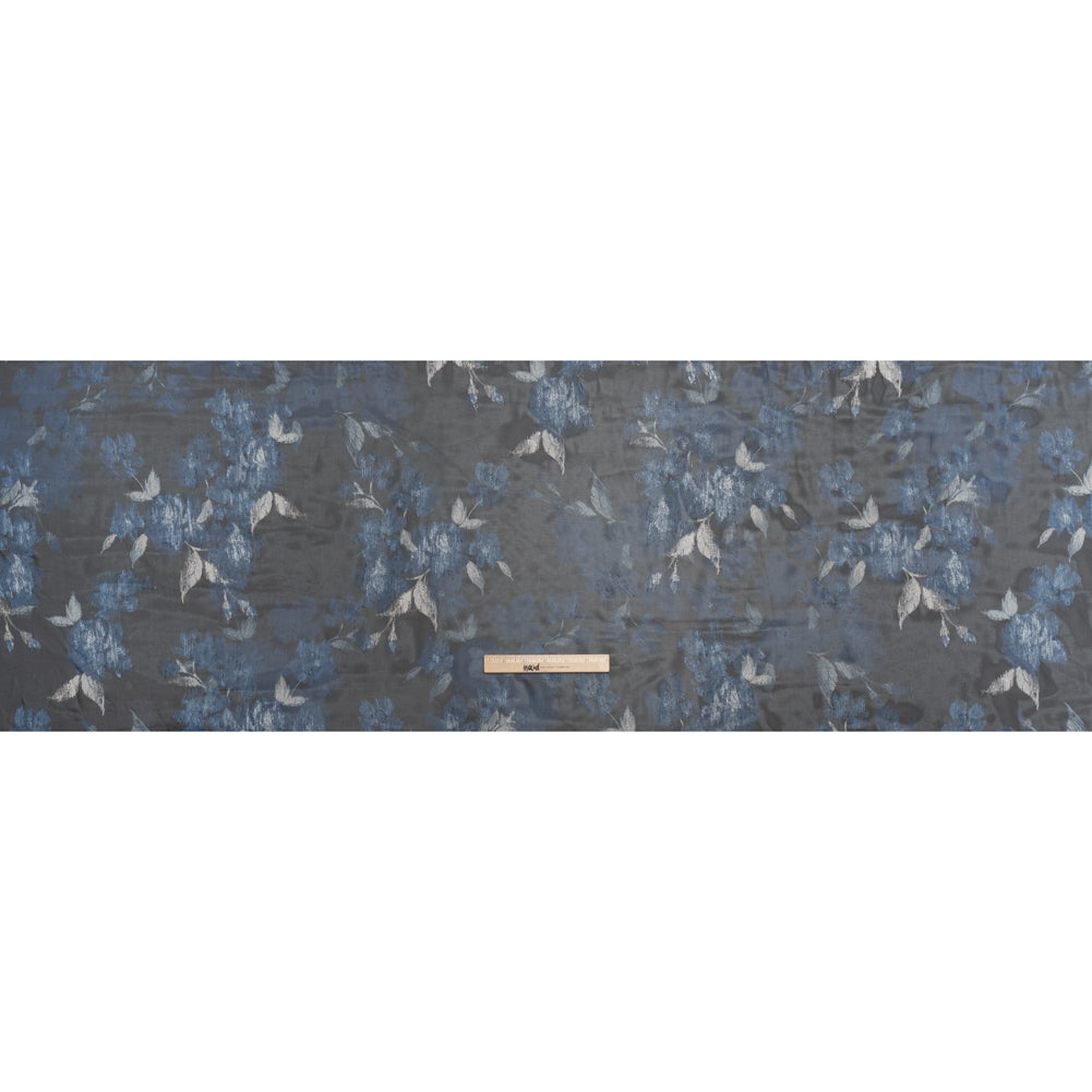 Foiled Polyester Chiffon Print - Black, Blue and Silver Ikat Roses - Designer Deadstock - Full