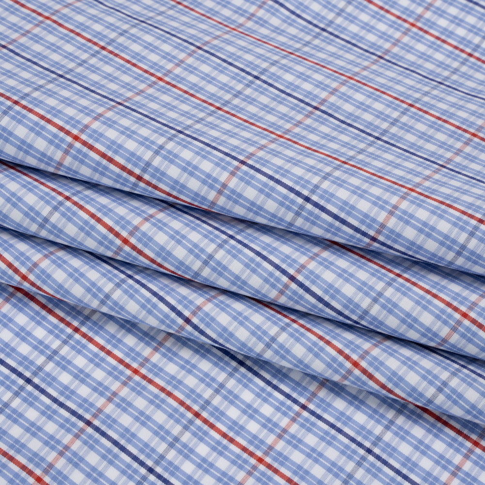 Cotton Twill Shirting - Light Blue, Navy and Red Plaid - Deadstock - Folded