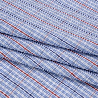 Cotton Twill Shirting - Light Blue, Navy and Red Plaid - Deadstock