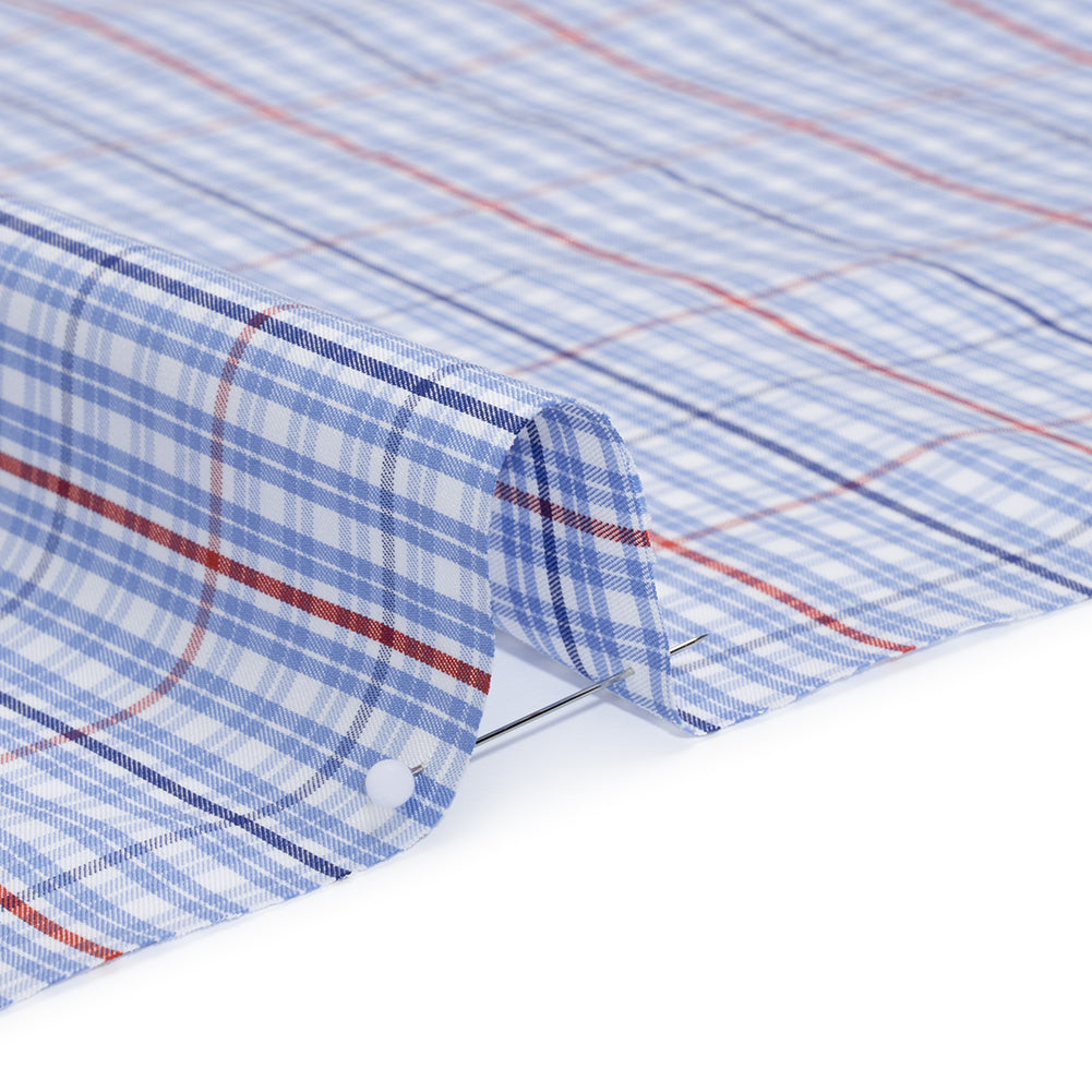 Cotton Twill Shirting - Light Blue, Navy and Red Plaid - Deadstock - Detail