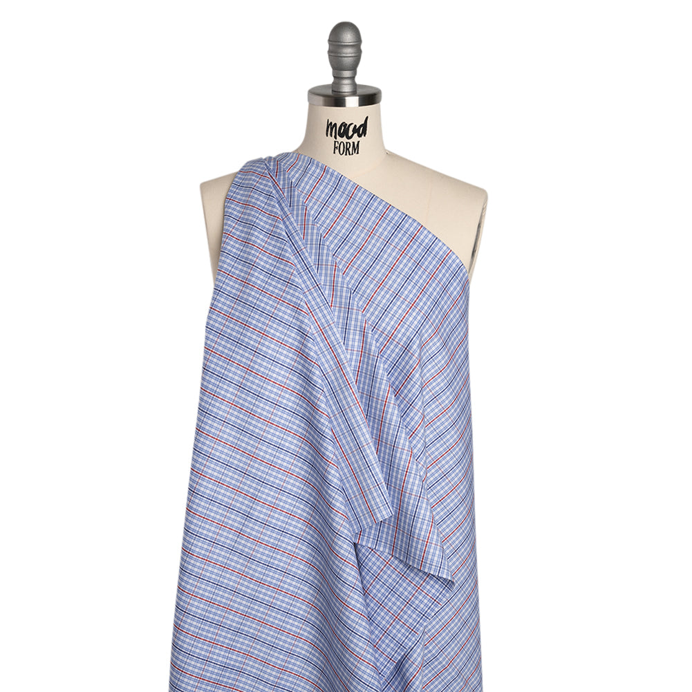 Cotton Twill Shirting - Light Blue, Navy and Red Plaid - Deadstock - Drape