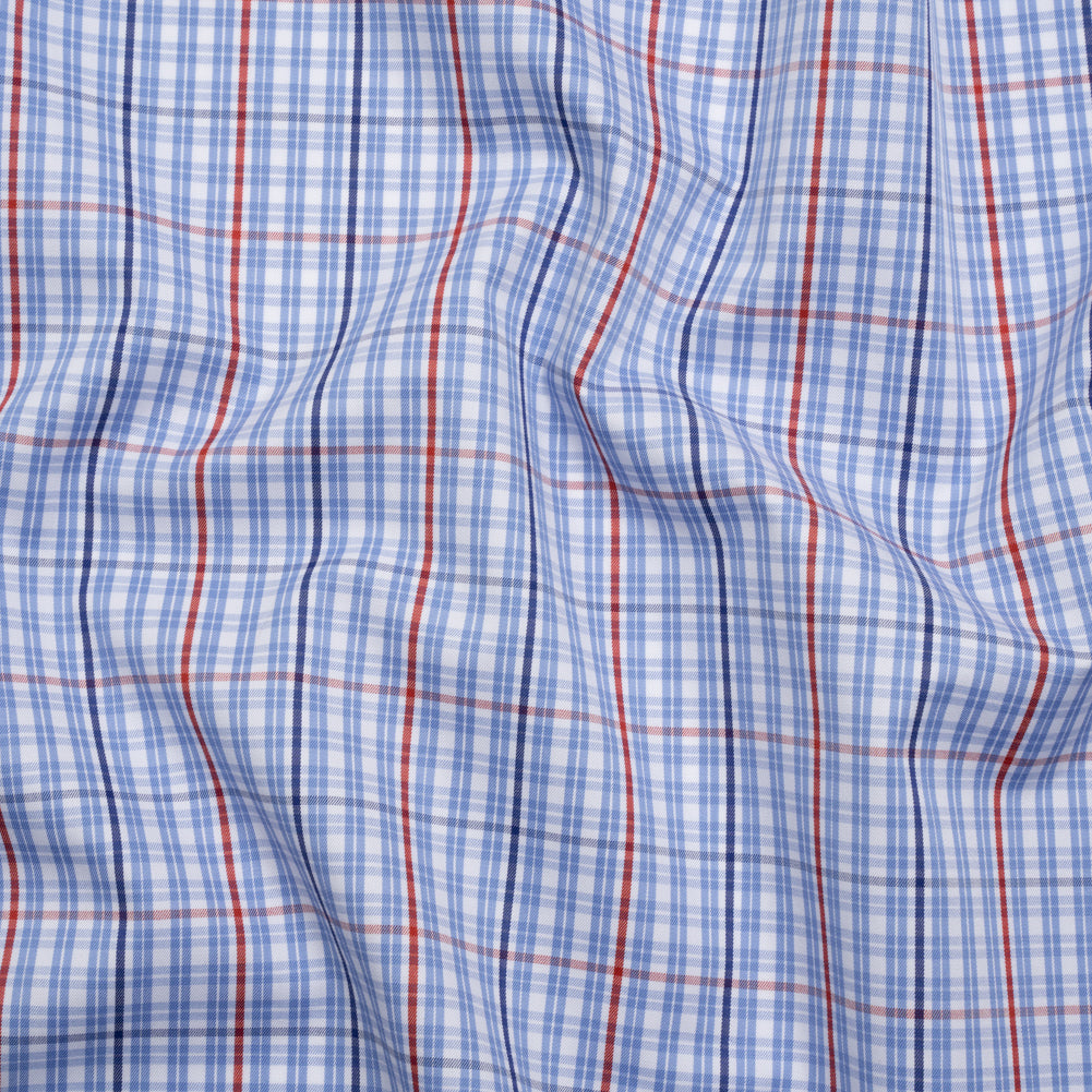 Cotton Twill Shirting - Light Blue, Navy and Red Plaid - Deadstock