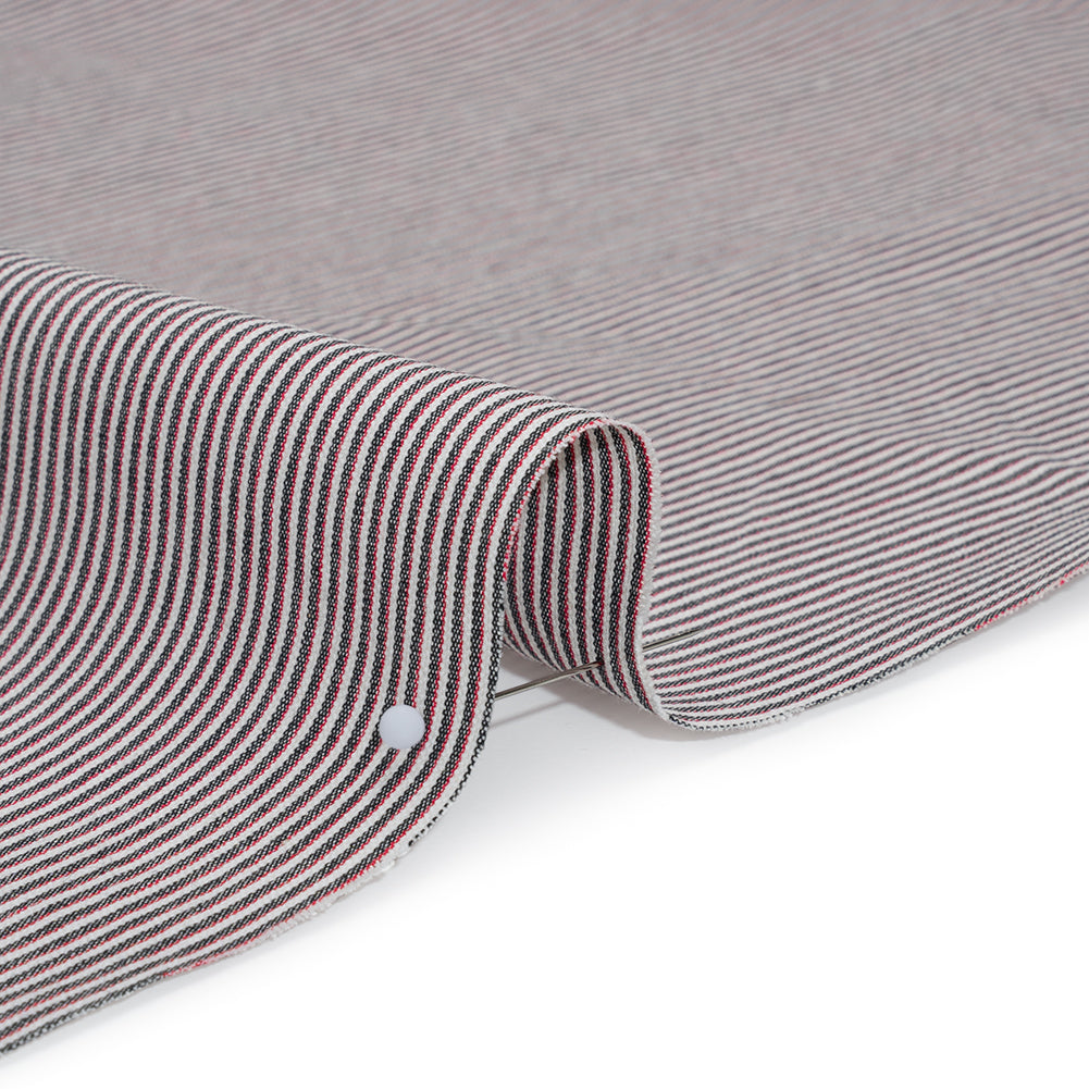 Cotton Pincord Shirting - Black, White and Red Railroaded Stripes - Deadstock - Detail